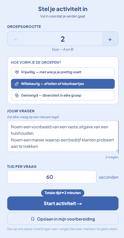 Om de beurt instellen in LudensFlow: vragen invoeren, groepsgrootte en tijd kiezen