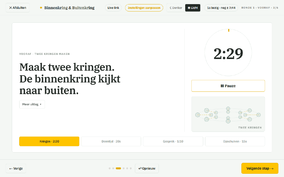 Binnenkring & Buitenkring op het bord: de vraag «Wat weet je al over breuken?», een timer en een schema van twee kringen waarin de buitenkring één plaats met de klok mee schuift