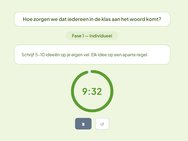 LudensFlow-speler met Sneeuwbal (1-2-4-All): de vraag, fase 1 individueel nadenken en de timer op het klassenscherm