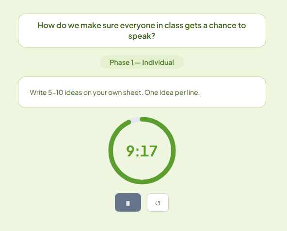 LudensFlow player running Snowball (1-2-4-All): the question, phase 1 individual thinking and the timer on the class screen