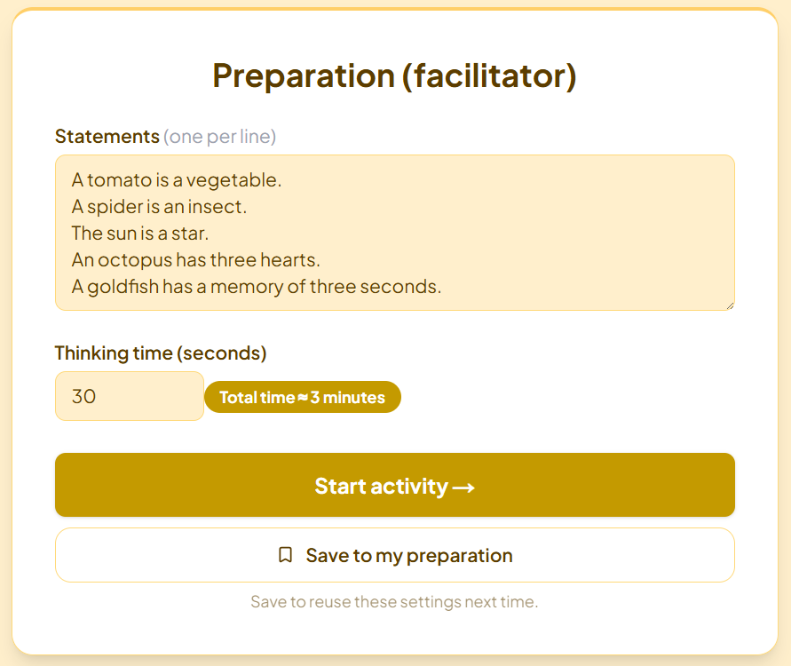 Preparing the Stand Up & Sit Down structure in LudensFlow: type statements, set thinking time, press start