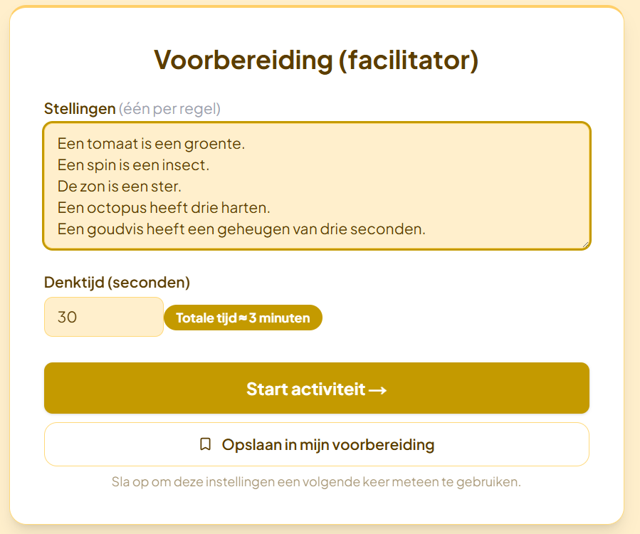 Voorbereiding van Stijgen & Dalen in LudensFlow: stellingen invoeren, denktijd instellen, starten